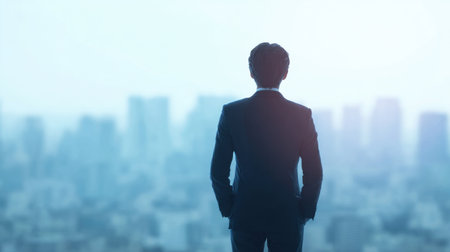 A man in a suit is standing in front of a city skyline. Concept of ambition and determination, as the man looks out over the city with a focused gazeの素材