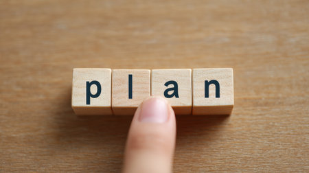 A hand is pointing at a wooden block with the word plan written on it. Concept of planning and organization, as the hand is placed on the block to emphasize the importance of having a plan in placeの素材