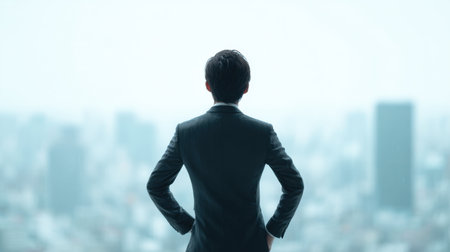 A man in a suit is looking out over a city. Concept of ambition and determination, as the man stands tall and looks out over the urban landscapeの素材