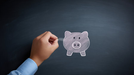 A hand is drawing a pig on a chalkboard. The pig is drawn with a stick, and it is a symbol of saving moneyの素材