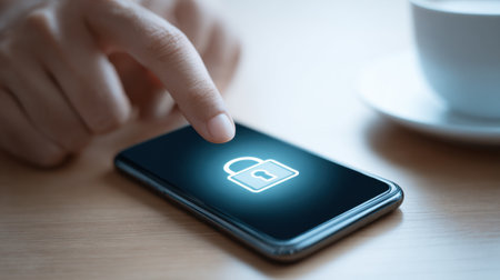 A person is pointing at a phone screen with a padlock icon. Concept of security and protection, as the padlock symbolizes the safeguarding of information or data. Scene is serious and focusedの素材