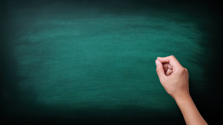 A hand is drawing on a green chalkboard. The chalkboard is empty and the hand is drawing a lineの素材