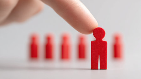 A hand is pointing at a red figure that is surrounded by five other red figures. Concept of competition or hierarchy, with the red figure being the one in focus and the others being secondary figuresの素材
