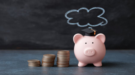 A piggy bank with a stack of coins and a chalk drawing of a graduation cap on topの素材