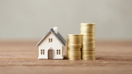 A house and a stack of gold coins are on a wooden table. The house is white and the coins are stacked on top of each other. Concept of wealth and prosperityの素材