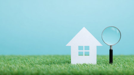 A house is on a grassy field with a magnifying glass next to it. The house is white and the grass is green. The magnifying glass is black and has a silver handle. Concept of curiosity and explorationの素材