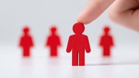 A hand is holding a red figure of a man in front of four other red figures. The red figures are arranged in a row, with the man in the middle. Concept of importance and leadershipの素材