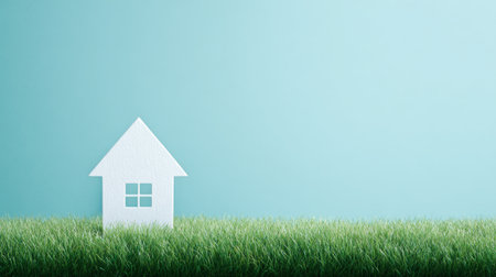 A white house is on a grassy field. The house is small and white, and it is the only thing visible in the image. The grass is green and lush, and the sky is blueの素材