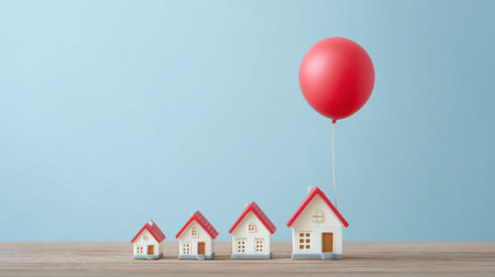 A red balloon is floating above a row of small houses. The houses are all white and red, and they are arranged in a row. The balloon is the focal point of the image, and it creates a sense of whimsyの素材