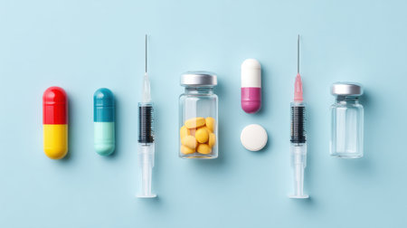 A row of medicine bottles and syringes are displayed on a blue background. The bottles and syringes are of different colors and sizes, and they are arranged in a way that creates a sense of orderの素材
