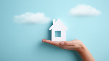A hand holding a paper house on a blue background. The house is white and has a windowの素材