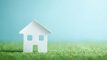 A white house is on a grassy field. The grass is green and the sky is blueの素材