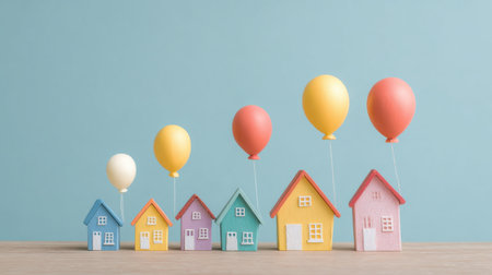 A row of houses with balloons in the air above them. The balloons are yellow and orange. The houses are of different colors, and they are arranged in a line. Concept of joy and celebrationの素材