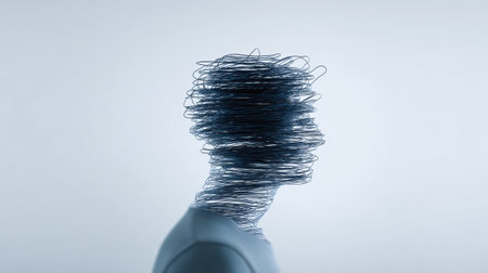 A man's head is shown in a distorted, tangled mess of wires. Concept of chaos and confusion, as if the man's thoughts and emotions are tangled and jumbled upの素材