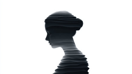 A woman's face is shown in black and white, with the hair pulled back and the eyes closed. The image has a somber and introspective mood, as if the woman is lost in thought or contemplating somethingの素材