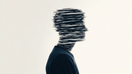 A man's face is blurred and distorted, giving the impression of a mental breakdown. Concept of chaos and confusion, as if the man's thoughts are jumbled and disorderedの素材