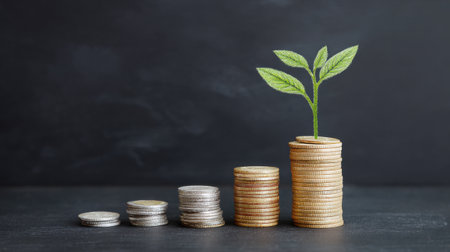 A stack of coins with a plant growing out of them. The coins are arranged in a pyramid shape, with the bottom row being the largest and the top row being the smallestの素材
