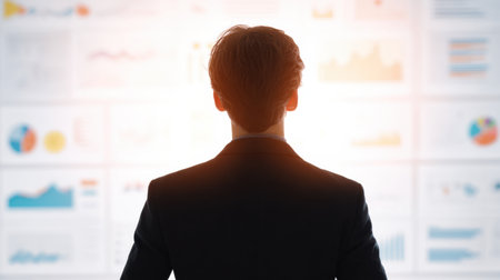 A man in a suit is looking at a computer screen with many graphs. The man is focused and attentive, possibly analyzing the data on the screen. Concept of professionalism and concentrationの素材