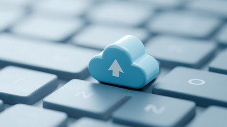 A blue cloud with an arrow pointing up is on top of a keyboard. The cloud is positioned above the number 2 keyの素材