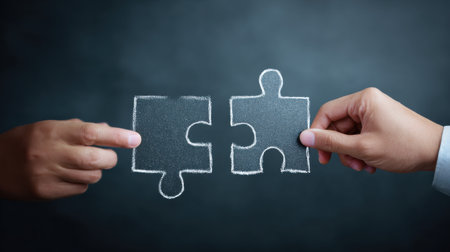 Two people holding a puzzle piece each. Concept of teamwork and collaborationの素材
