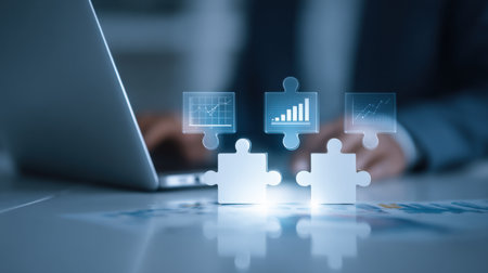 A person is working on a laptop with a puzzle on the screen. The puzzle pieces are connected to each other and to the laptop, and the person is typing on the laptopの素材