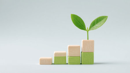 A green leaf is growing out of a stack of wooden blocks. The blocks are arranged in a staircase pattern, with the top block being the smallest and the bottom block being the largestの素材