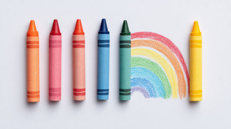 A rainbow is drawn on a white background with six crayons in the foreground. The crayons are in different colors, and the rainbow is drawn with a crayon. Concept of creativity and playfulnessの素材