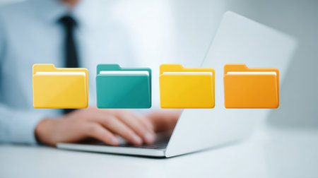 A man is typing on a laptop with four yellow folders on the screen. The folders are labeled with different colors, and the man is focused on his work. Concept of productivity and organizationの素材