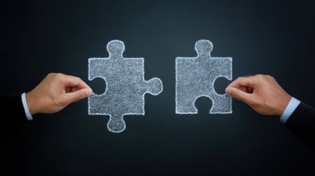 Two people holding puzzle pieces with the words "connect" written on them. Concept of teamwork and collaborationの素材