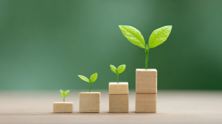 A series of wooden blocks with a green plant growing out of each one. The blocks are stacked in a row, with the tallest block at the bottom and the shortest at the top. Concept of growth and progressの素材