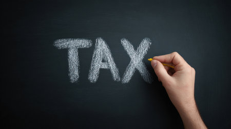 A hand is writing the word tax on a blackboard. Concept of taxation and the importance of understanding and paying taxesの素材