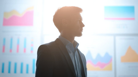 A man in a suit stands in front of a wall of graphs. The graphs are colorful and show different data points. The man is focused and serious, as if he is analyzing the information on the graphsの素材
