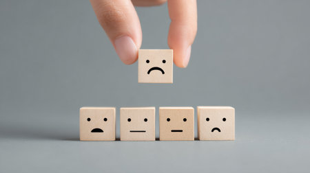 A hand is holding a block with a frowning face on it, and another block with a smiling face on it. The blocks are stacked on top of each other, with the frowning block on the bottomの素材