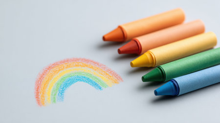 A rainbow is drawn on a white background with five crayons next to it. The crayons are in different colors, and the rainbow is drawn with a mix of colors. Concept of creativity and playfulnessの素材
