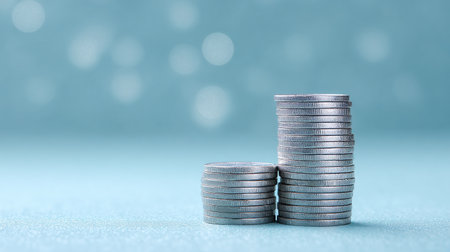 A stack of silver coins on a blue background. The coins are piled on top of each other, creating a sense of height and importance. The image conveys a feeling of wealth and prosperityの素材