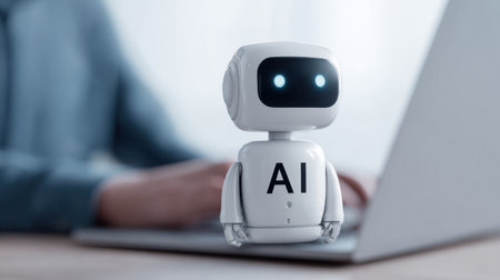 A robot is sitting on a laptop keyboard with the letters AI on it. The robot is white and has blue eyes. Concept of technology and innovation, as well as the idea of artificial intelligenceの素材