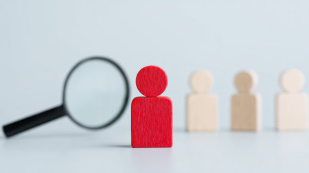 A red wooden figure is standing in front of a magnifying glass. The magnifying glass is on a table and the figure is surrounded by other wooden figuresの素材