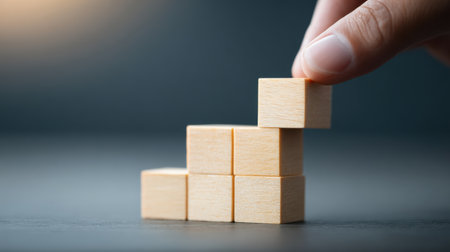A hand is holding a stack of wooden blocks, with the blocks arranged in a pyramid shape. Concept of stability and strength, as the blocks are stacked securelyの素材