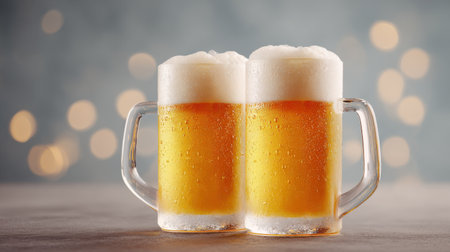 Two glasses of beer with foam on top. The foam is white and the beer is golden. The glasses are on a tableの素材