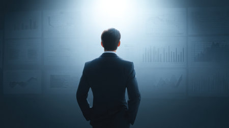 A man in a suit stands in front of a computer monitor with many graphs on it. He is looking at the screen intently, possibly analyzing the data or making a decision based on the information displayedの素材