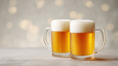 Two glasses of beer on a table with a blurry background. Scene is relaxed and casualの素材
