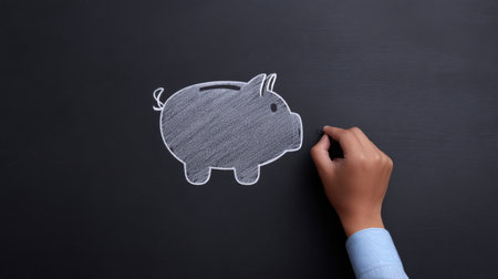 A hand is drawing a pig on a chalkboard. The pig is drawn with a black outline and a white outline. The drawing is of a piggy bankの素材