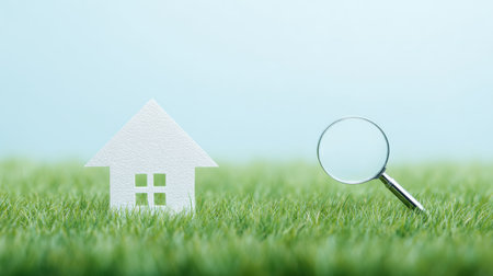 A house is on a grassy field with a magnifying glass next to it. The house is made of paper and the grass is greenの素材