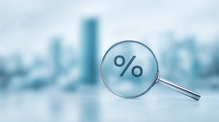 A magnifying glass is used to look at a percentage sign. The image has a blurry background, which gives it a dreamy, ethereal feelの素材