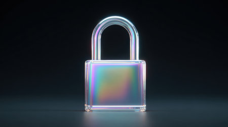 A lock with a rainbow colored handle. The lock is made of glass and is sitting on a dark surfaceの素材