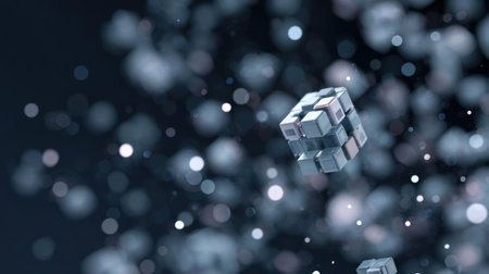 A cube is floating in the air with many other cubes surrounding it. The image has a dreamy, surreal quality to it, with the cubes appearing to be floating in a sea of lightの素材