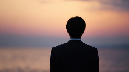 A man in a suit is standing on a beach at sunset. The sky is a mix of orange and pink hues, creating a serene and peaceful atmosphereの素材