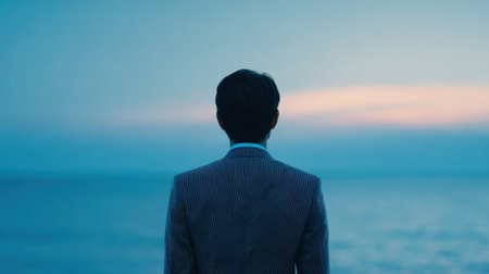 A man in a suit is standing on a beach looking out at the ocean. The sky is a deep blue color, and the water is calm. The man is lost in thought, and the scene has a peaceful, contemplative moodの素材