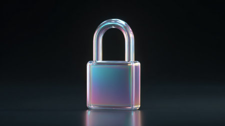 A lock with a rainbow colored handle. The lock is made of glass and is sitting on a black surfaceの素材