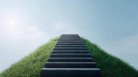 A long, steep, grassy hill with a series of black steps leading up to it. The hill is covered in green grass and the sky is clear and blue. Concept of peacefulness and tranquilityの素材